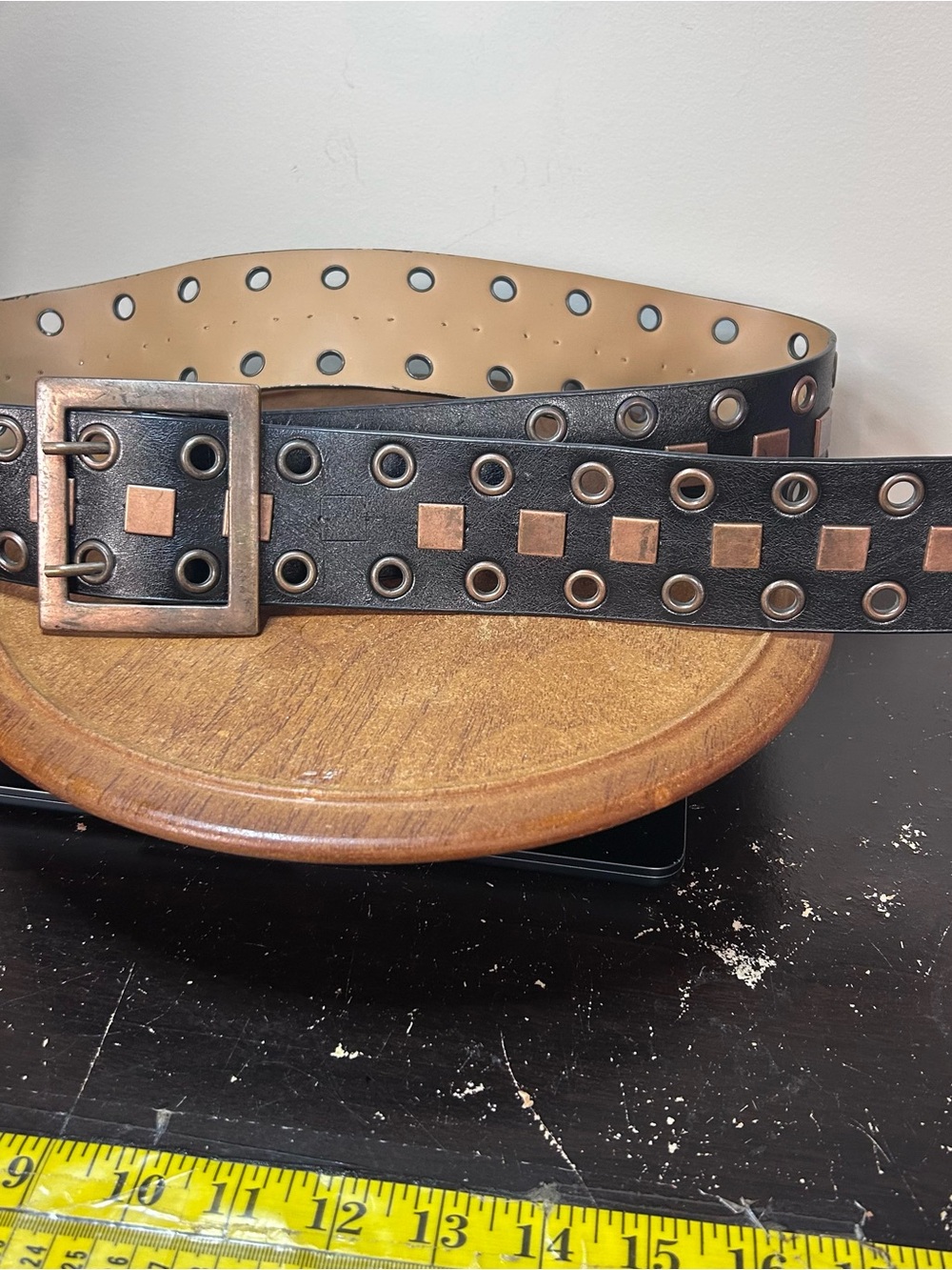 Vintage Black Faux Leather Wide Grommet Studded Double Prong Statement Belt READ